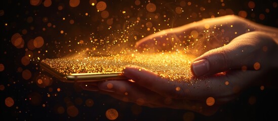 A hand holds a smartphone surrounded by shimmering gold glitter.