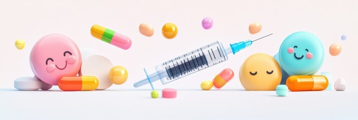 Colorful capsules and smiling faces surround a syringe, showcasing a playful take on health and wellness activities in a bright setting
