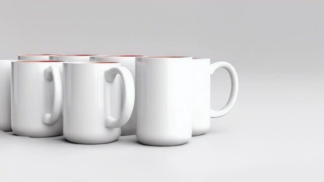 Row of white mugs with red interiors