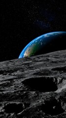 Earth rising above a moon crater