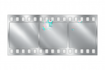 Metallic film strip close-up displaying blank frames against transparent background, representing cinematic design for media and entertainment graphics