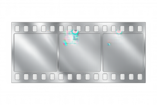 Metallic film strip close-up displaying blank frames against transparent background, representing cinematic design for media and entertainment graphics