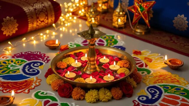 Festive Diwali celebration scene with a glowing Samai lamp, floating candles in an Urli bowl, and a beautiful colorful Rangoli on the floor.