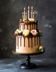 Elegant two-tiered chocolate cake with dripping chocolate and floral decorations