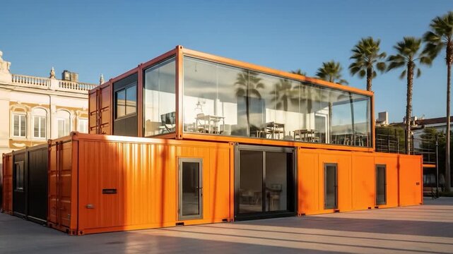 Contemporary Shipping Container Building with Large Windows and Palm Trees