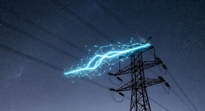 Night Sky Electricity Transmission Tower with Energy Flow Visualization - Powered by Adobe