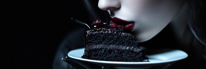 Close-up of a woman preparing to enjoy a decadent slice of chocolate cake with dark cherry topping in a moody setting