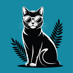 Obraz premium Cool black cat in sunglasses with leafy decorations perfect for cat lover advertisements, summer promotions, and social media posts.