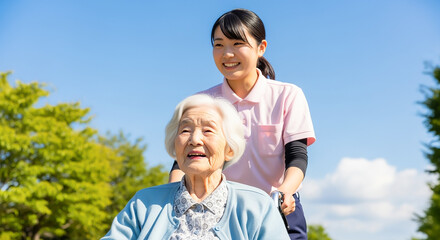 介護士と車椅子シニアの散歩風景