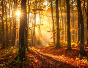 Fototapeta premium Autumn forest sunrise