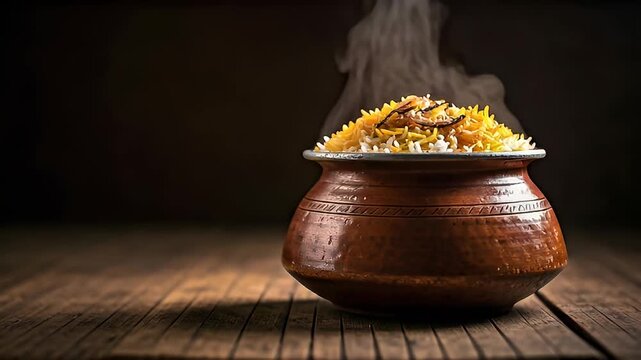 traditional indian biryani hot steaming pot
