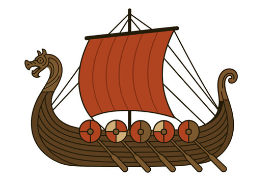A grand Viking drakkar longship featuring a carved prow, shields, and two crimson sails