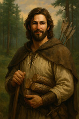 a bearded man in medieval clothing with a hood, standing against the backdrop of a forest.  
