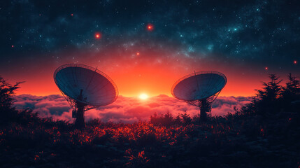 A fantastic landscape with two huge radio telescopes pointing towards the sky. The scene unfolds against the backdrop of a mesmerizing sunset: the fiery red sun sinks below the horizon,  