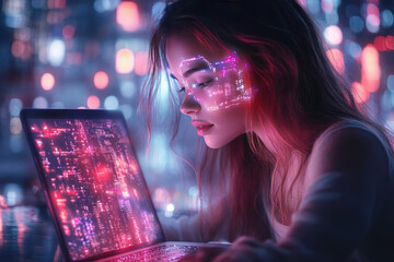 A futuristic illustration with cyberpunk elements. A young girl sits in front of a laptop, the screen of which glows with pink and purple digital patterns and code.  