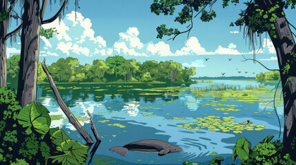 A colorful illustration of a tropical river with dense greenery and forest along the banks. The water reflects a blue sky with white clouds, dotted with water lilies and aquatic plants.  