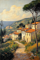 A picturesque landscape in oil painting style, depicting a cozy village with white houses and red tiled roofs on a hillside. 