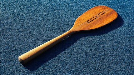 Handcrafted Wooden Paddle with Intricate Perforations on a Deep Blue Surface