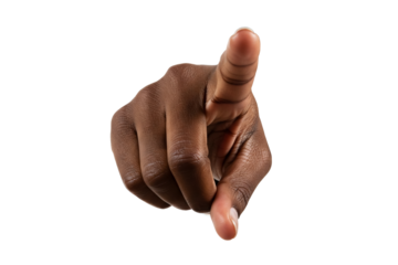 Black hand pointing directly forward with strong gestures, isolated on a clean white background, symbolizing communication, power, and focus on transparent background