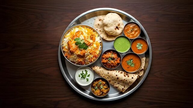 traditional indian thali meal with biryani curries and flatbread