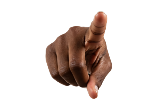 Black hand pointing directly forward with strong gestures, isolated on a clean white background, symbolizing communication, power, and focus on transparent background