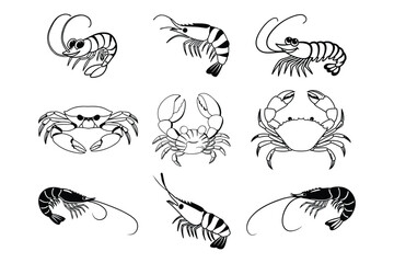 Set of Seafood, Cartoon Sea Shrimp, Prawn, Seafood Logo Crab Silhouette Vector Drawing Outline Set.