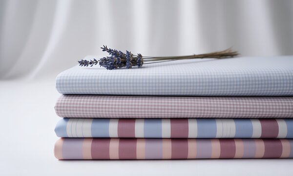 Stack of Fabrics with Lavender, Pastel Colors, Gingham, Stripes, Textile Samples, Design Texture, Home Decor, Fashion Material, Soft, Cozy, Elegant, Draped Fabric 