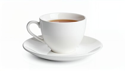 A white teacup and saucer with tea inside, isolated on white background.
