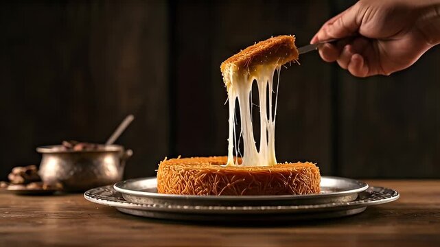 delicious kunefe dessert with stretching cheese