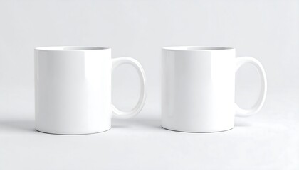 Fototapeta premium Two plain white mugs are displayed against a neutral backdrop, showcasing their simple and elegant design.