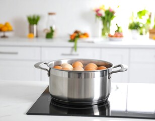 Eggs boiling in a pot on a stove