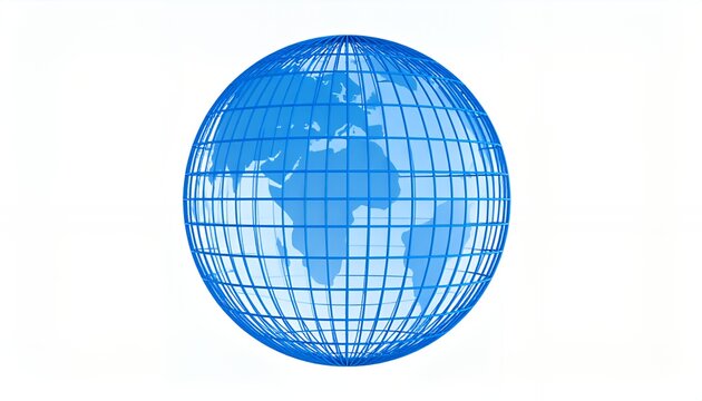 A detailed illustration of the Earth, showcasing continents and oceans in a blue grid.