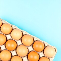 Eggs in a carton on a bright blue background