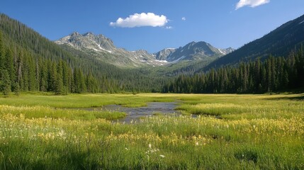 Serene Mountain Meadow Landscape: A Breathtaking Vista of Wildflowers and Peaks