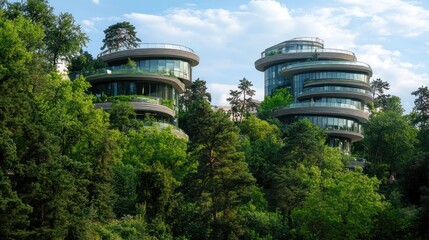 Stunning Modern Architecture Integrated with Lush Greenery: Twin Circular Towers in a Verdant Forest Setting