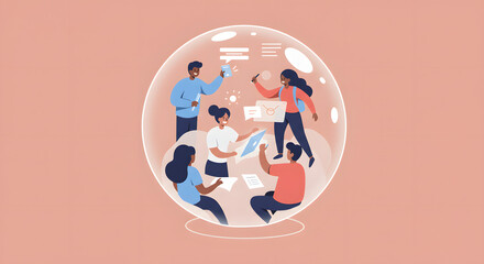 Diverse Team Collaborating Inside a Protective Bubble, Focused on Digital Transformation and Communication Strategies to Achieve Success in a Changing