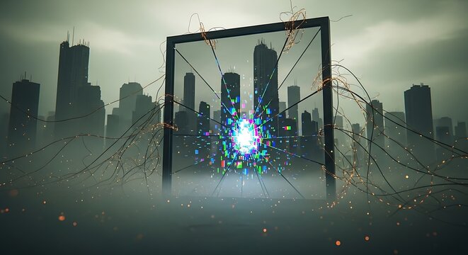 A glowing energy core within a portal reveals a vibrant digital city behind a foggy, dystopian skyline.
