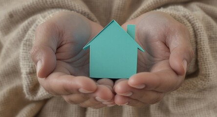 Carefully held teal house model in hands, homeownership, real estate concept