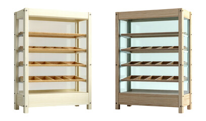 Wooden Display Shelf with Glass Panels in Different Styles and Colors Isolated Image