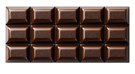 Dark chocolate bar, rectangular shape, 12 squares. Glossy, dark brown surface