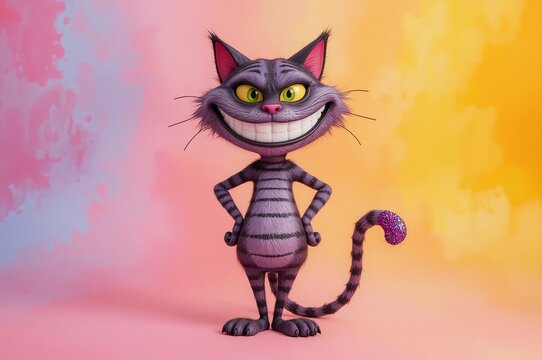 Grinning cartoon cat, pastel background, studio shot, whimsical illustration