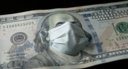 Close-up of a face mask on a one hundred dollar bill, financial crisis concept