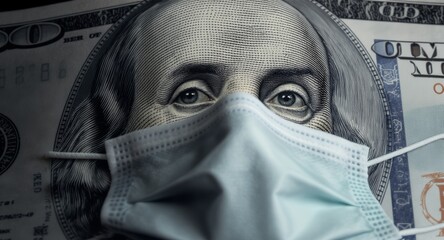 Close-up of a face mask on a hundred dollar bill, financial crisis, economic impact, covid-19, global pandemic, health and finance, money and health
