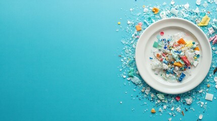 Depiction of Microplastic Pollution on a Plate with a Blue Backdrop