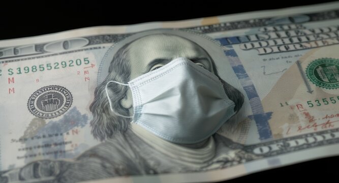 Close-up of a face mask on a one hundred dollar bill, financial crisis concept