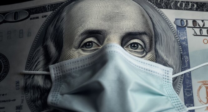 Close-up of a face mask on a hundred dollar bill, financial crisis, economic impact, covid-19, global pandemic, health and finance, money and health - Powered by Adobe