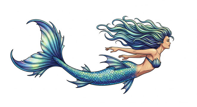 Beautiful Mermaid Swimming with Long Flowing Blue Hair and Fish Tail