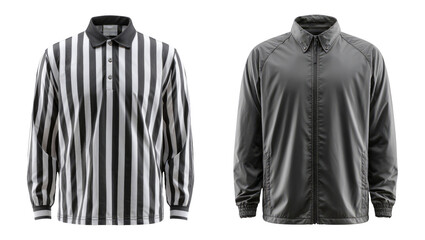 Stylish Black and White Striped Long Sleeve Shirt and Gray Jacket on Transparent Background