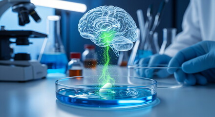 Medicine capsule with blue liquid affecting human brain. Concept for mental health, cognitive enhancement, or headache relief footage.