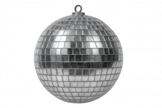 Spinning disco ball reflecting colorful light rays, generating vibrant party ambiance with shimmering metallic surface against transparent background - Powered by Adobe
